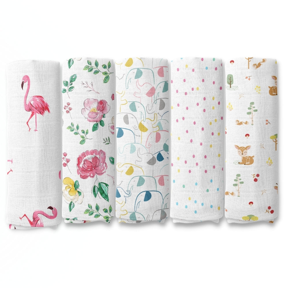 Safari squad Collection 100% Cotton Muslin Swaddle Pack Of  5