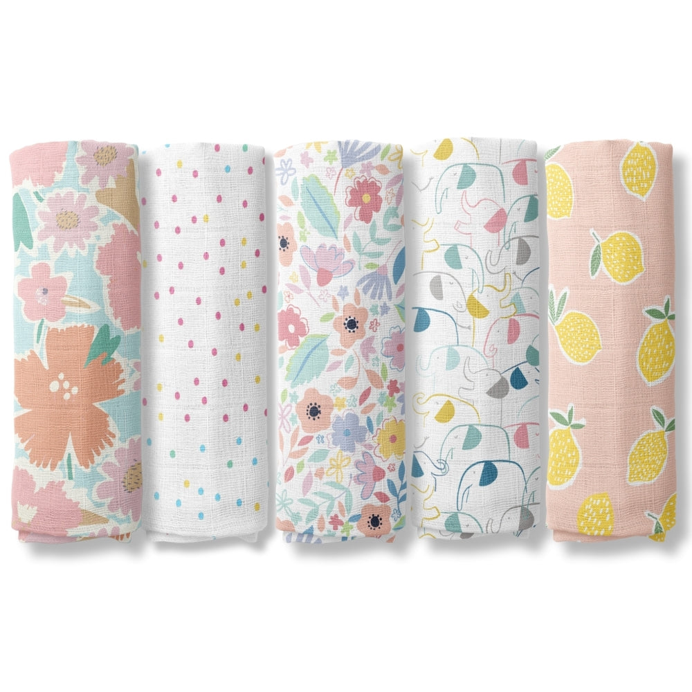 Eleflora Collection 100% Cotton Muslin Swaddle Pack Of  5