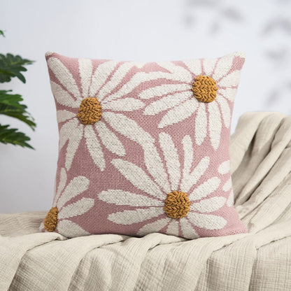 Knitted Embroidered Decorative Cushion Cover, Big Flower Pink