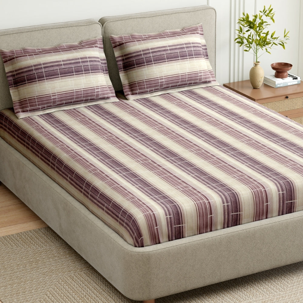Purple Linear Muse 100% Cotton King Fitted Bedsheet, 144 TC