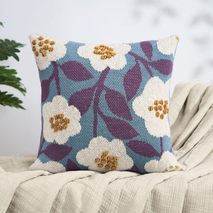 Knitted Embroidered Decorative Cushion Cover, Floral Pattern Blue