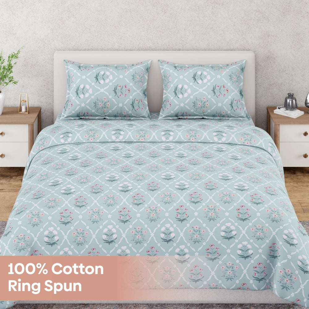 Ring Spun 100% Cotton Bedsheet-  Rosebud Trellis