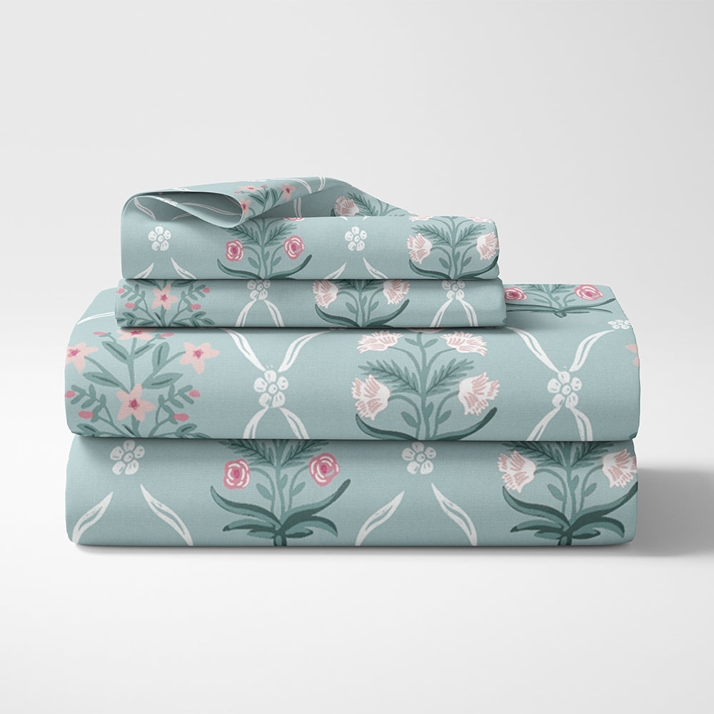 Ring Spun 100% Cotton Bedsheet-  Rosebud Trellis