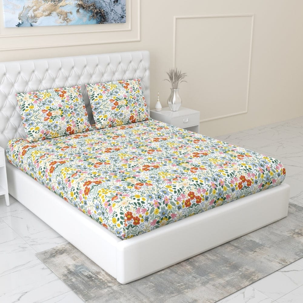 Royal Bloomscape 100% Cotton King Fitted Bedsheet, 144 TC