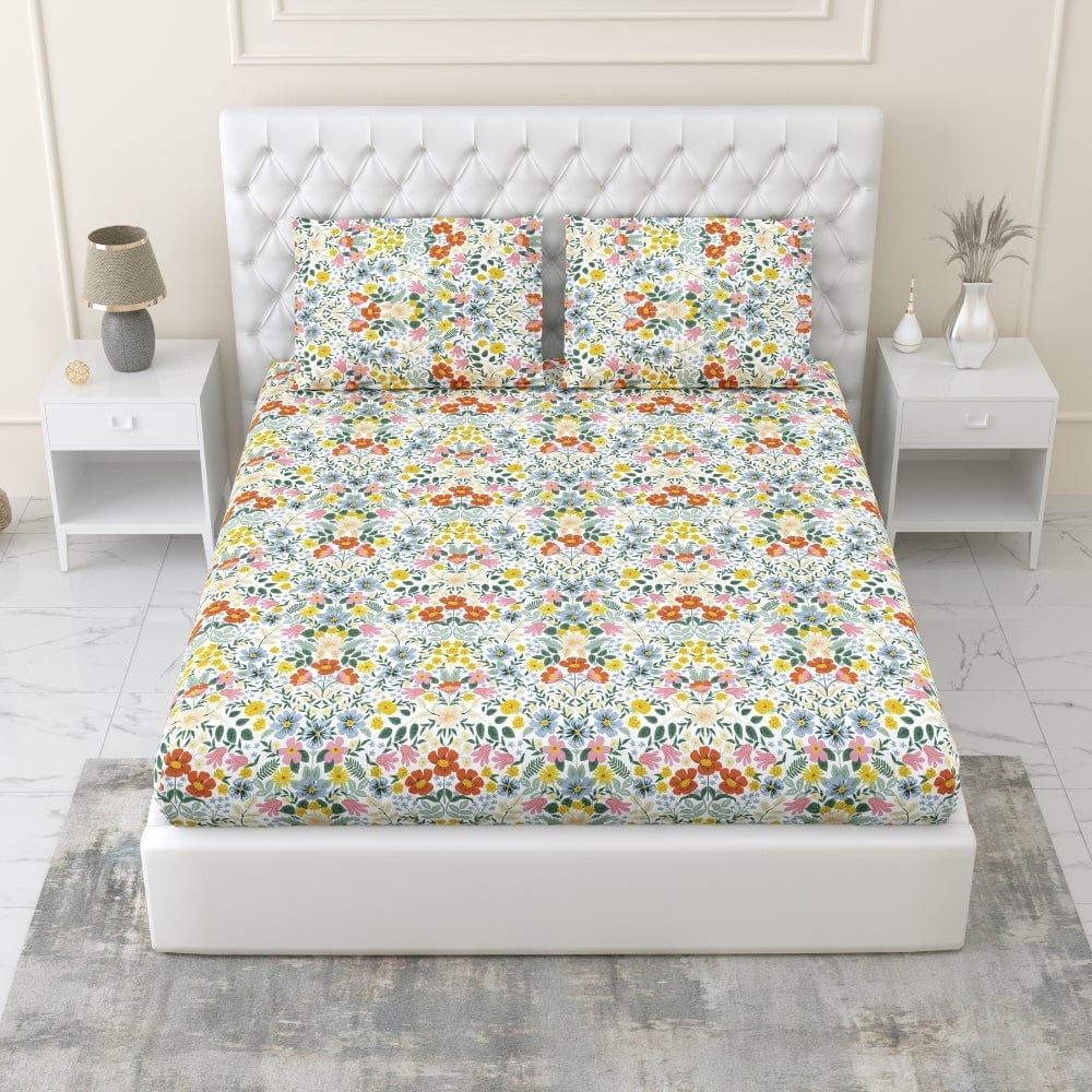 Royal Bloomscape 100% Cotton King Fitted Bedsheet, 144 TC