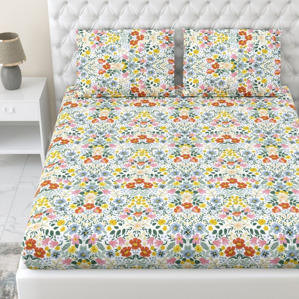 Royal Bloomscape 100% Cotton King Fitted Bedsheet, 144 TC