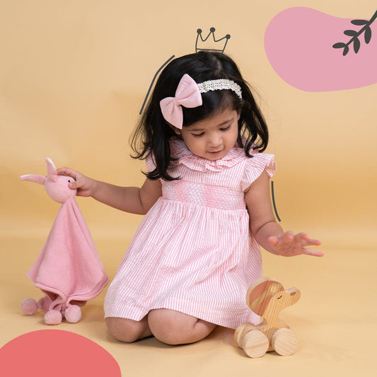 Ruffled Neck Stripes Frock with Bloomer Pink 100% Cotton & 100% Machine washable