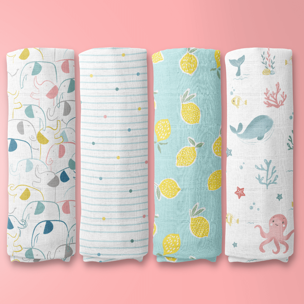Aloha Collection 100% Cotton Muslin Swaddle Pack Of  4 (Elephant, Dot, Fruit, Ocean)