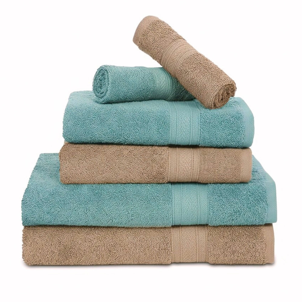 100% Cotton Harmony Combed Bath Set- Pack Of 6  (Coastal Blue, Taupe)