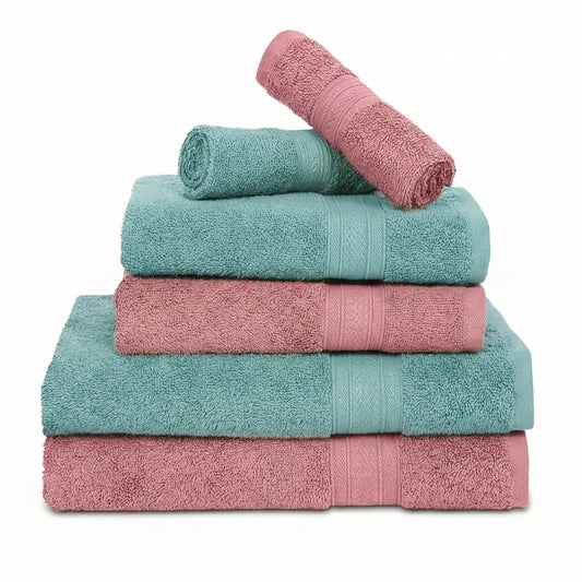 100% Cotton Harmony Combed Bath Set- Pack Of 6  (Cameo Pink, Coastal Blue)