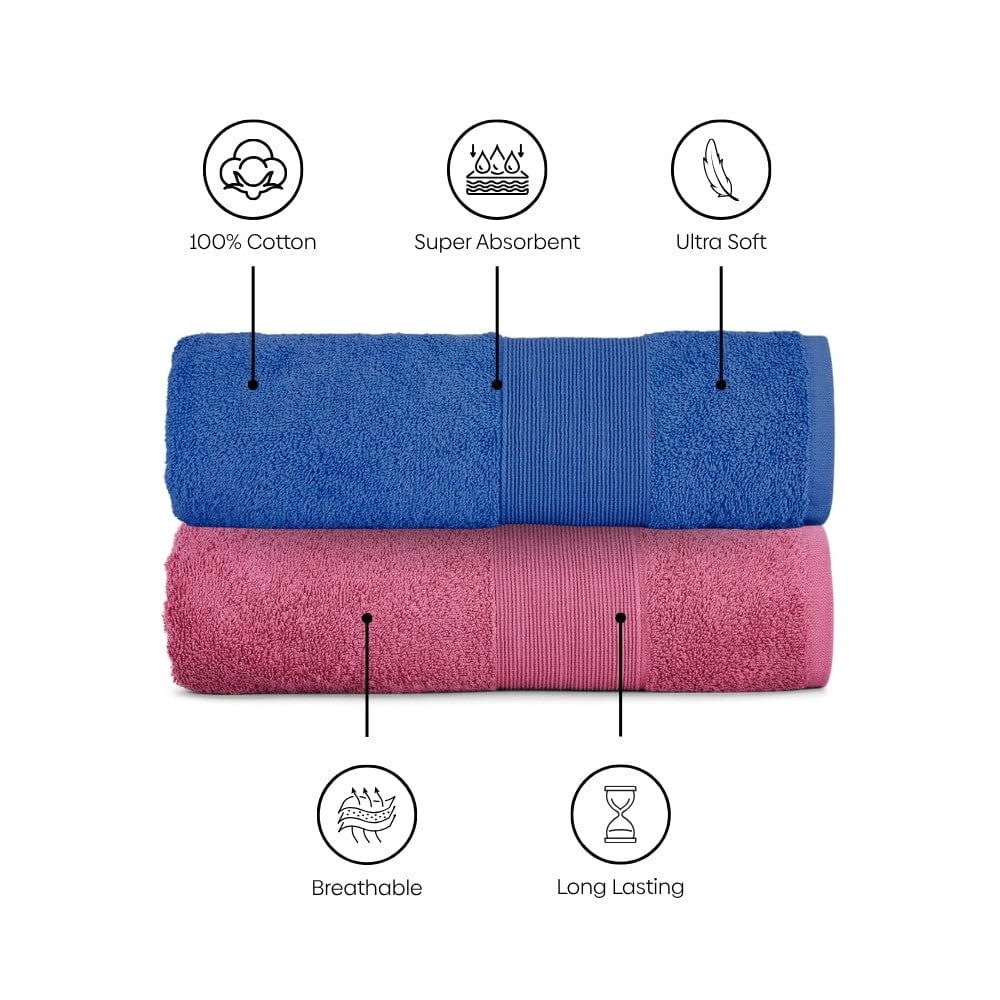 100% Cotton Harmony Combed Bath Towel- Pack Of 2  (Cobalt, Mulberry)