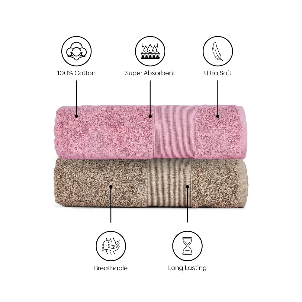 100% Cotton Harmony Combed Bath Towel- Pack Of 2  (Cameo Pink, Taupe)