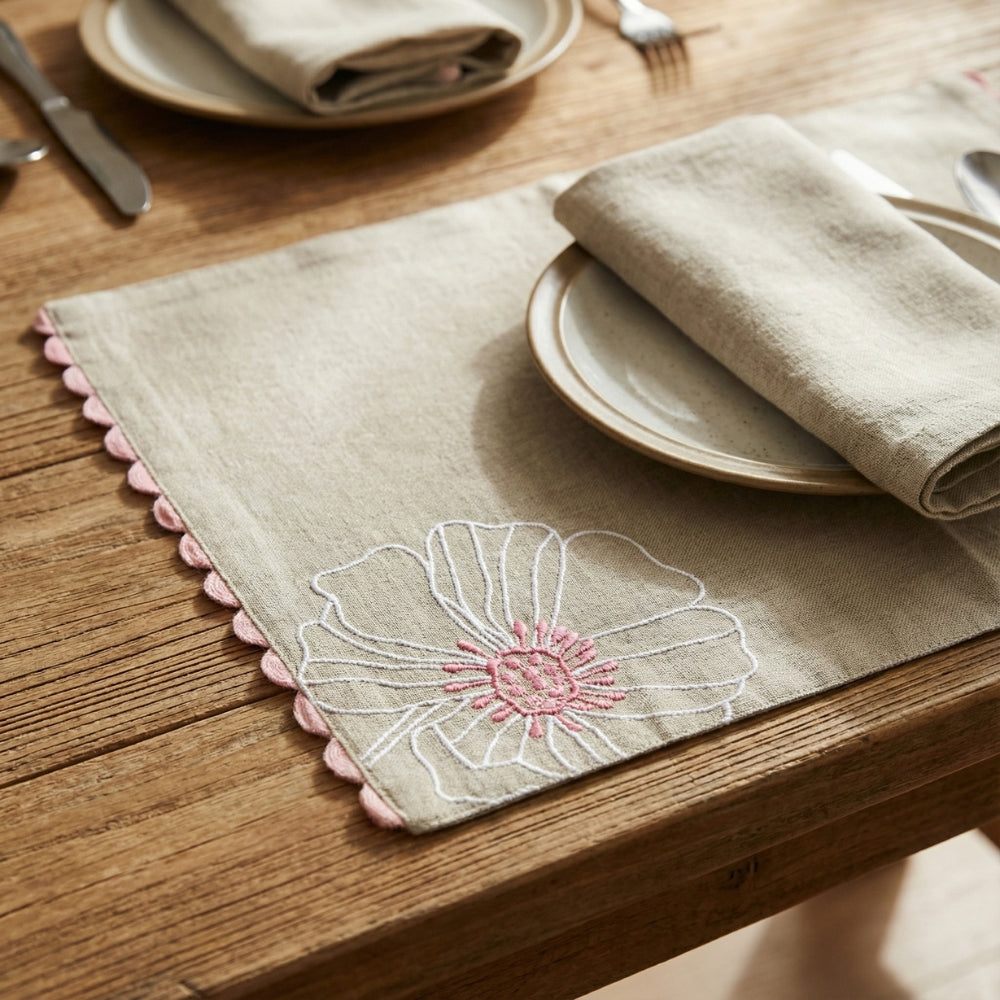 Dune Bloom Embroidered Table Placemat , Taupe (Pack of 2)