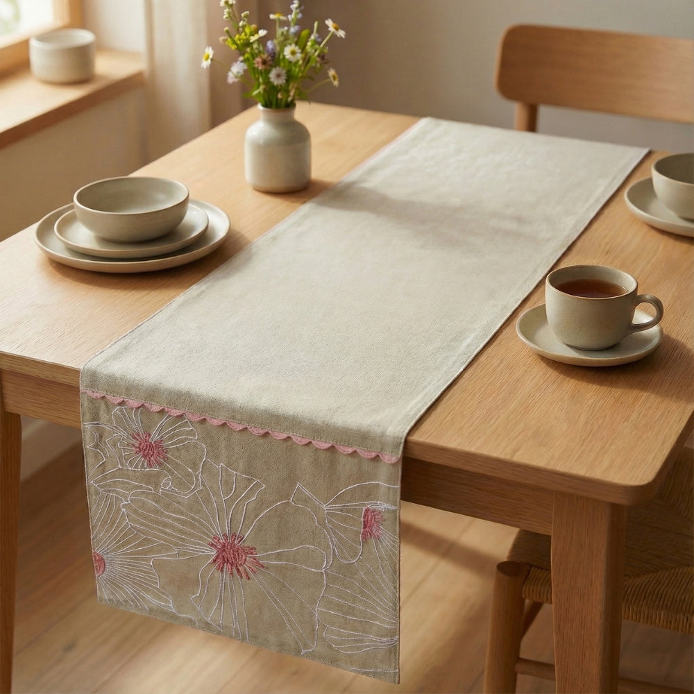 Dune Bloom Embroidered Table Runner, Taupe
