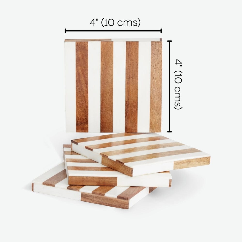 Timber Wood & Resin stripe coaster set of 4, White & Natural