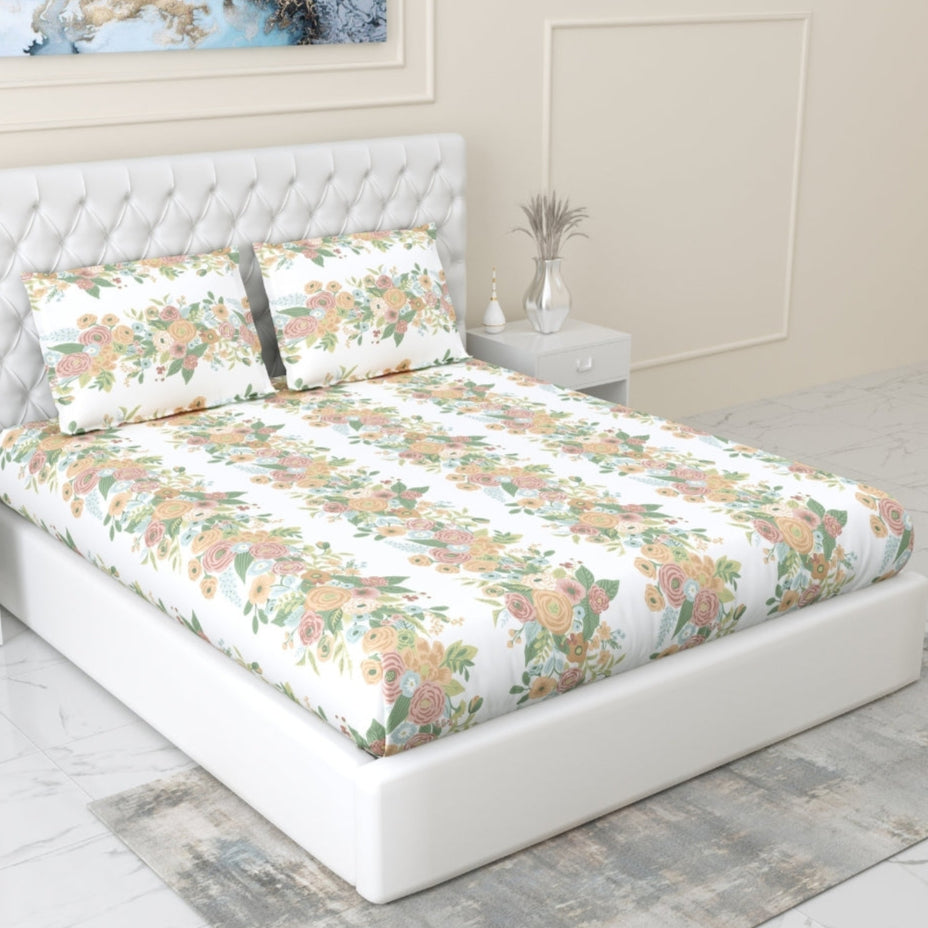 Vintage Peony 100% Cotton Double Fitted Bedsheet, 144 TC
