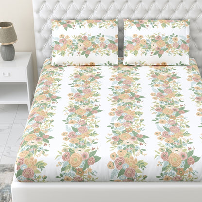 Vintage Peony 100% Cotton Double Fitted Bedsheet, 144 TC