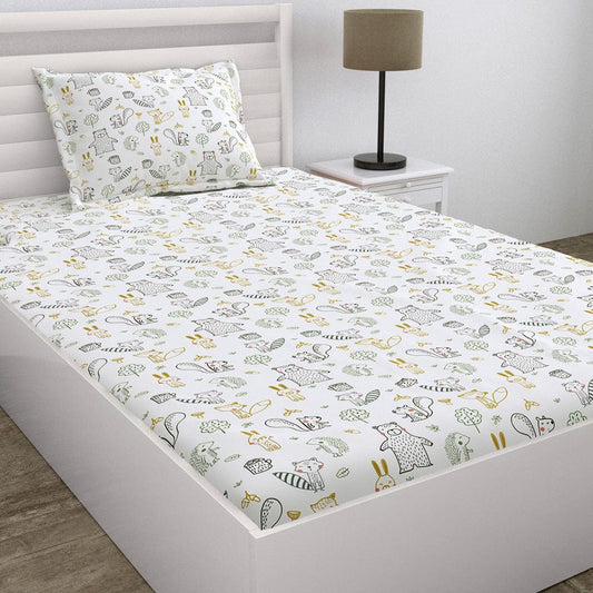 Wrinkle-Free 100% Cotton Single Bedsheet, 200 TC, Woodland Animal