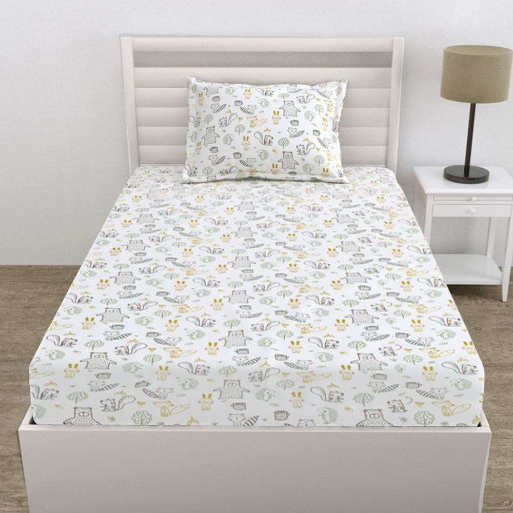 100% Cotton 210 TC Single Bedsheet, Woodland Animal