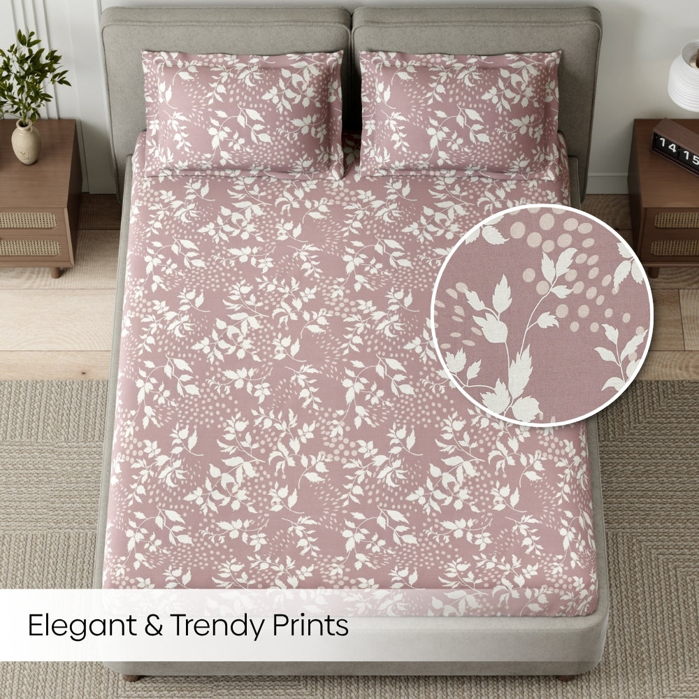 Wine foliage 100% Cotton Double Fitted Bedsheet, 144 TC