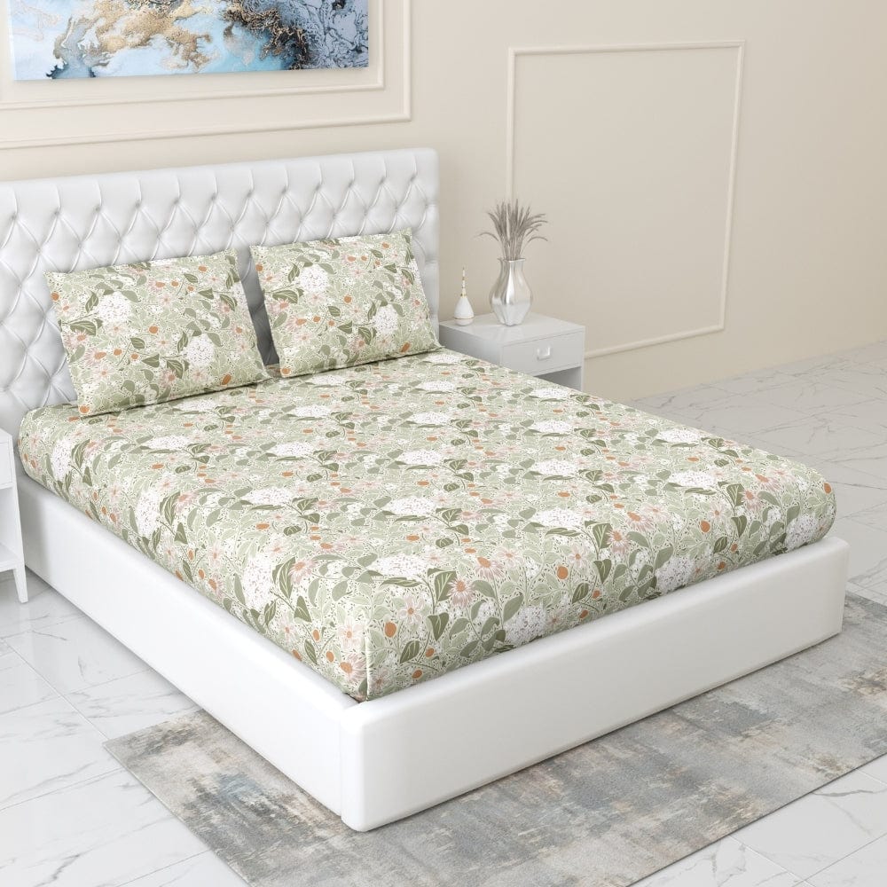 Cottage Bloom 100% Cotton Double Fitted Bedsheet, 144 TC