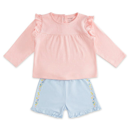 100% Cotton Full Sleeve Girl Top & Shorts, Pink-Blue