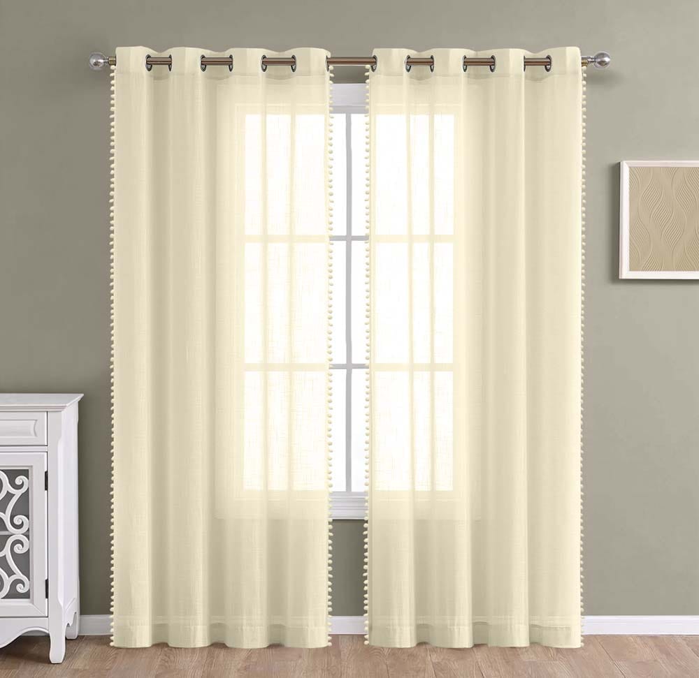 Off White, Sheer Curtain Set of 2 with Pom-Pom