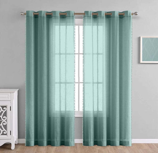 Aqua, Sheer Curtain Set of 2 with Pom-Pom