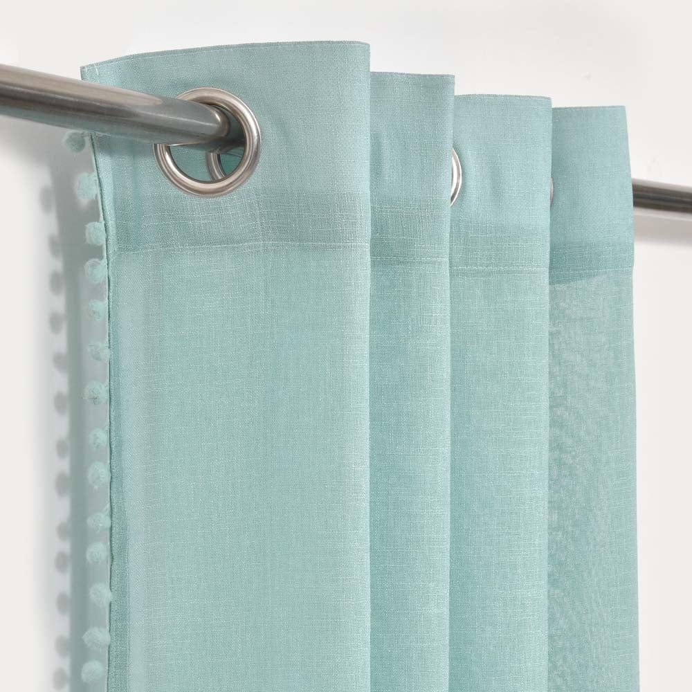 Aqua, Sheer Curtain Set of 2 with Pom-Pom