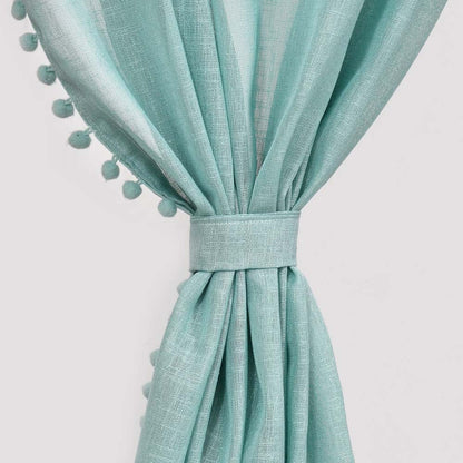 Aqua, Sheer Curtain Set of 2 with Pom-Pom