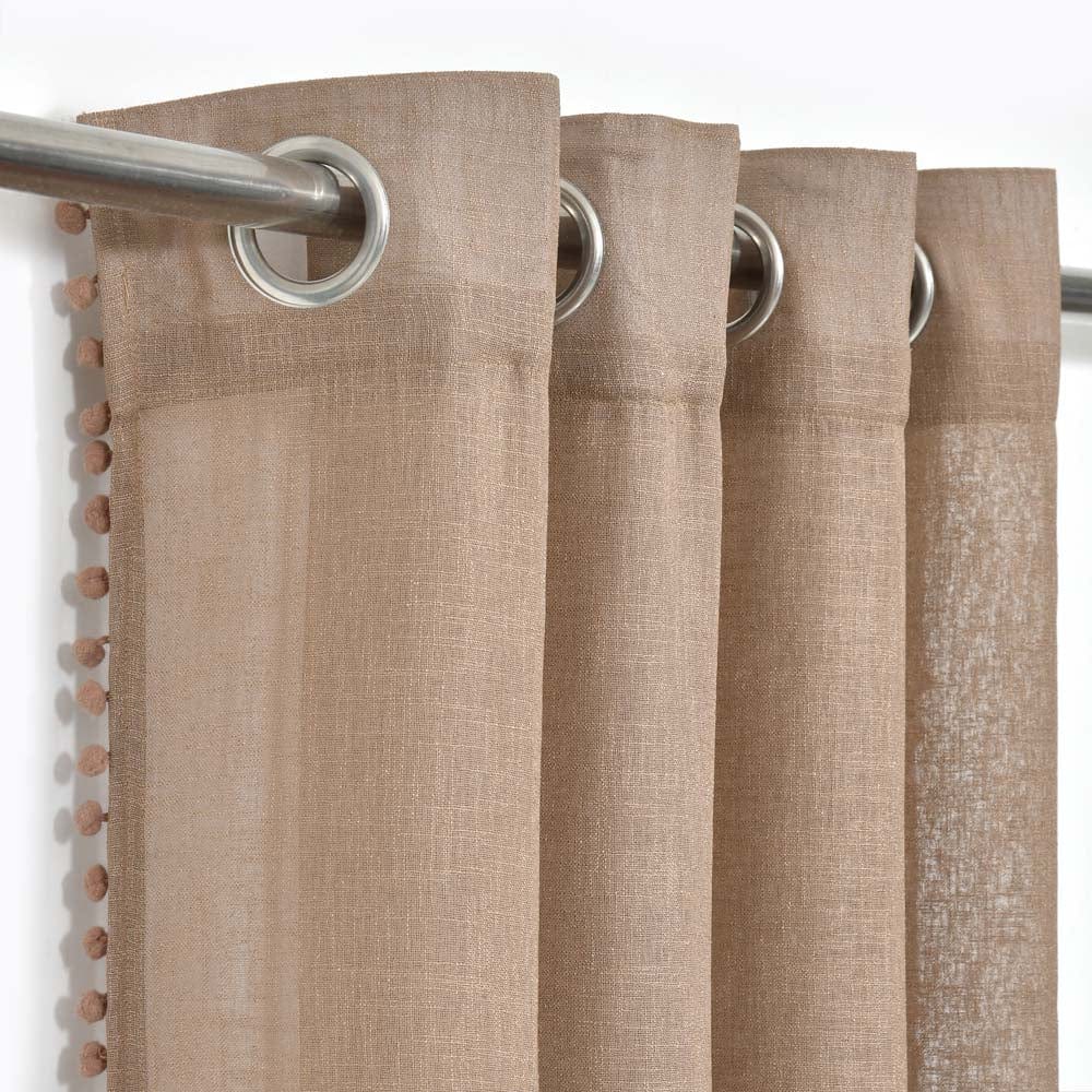 Taupe, Sheer Curtain Set of 2 with Pom-Pom