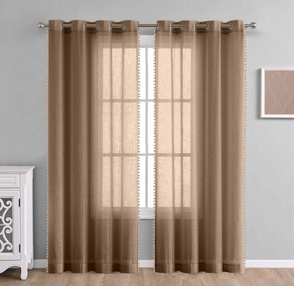 Taupe, Sheer Curtain Set of 2 with Pom-Pom