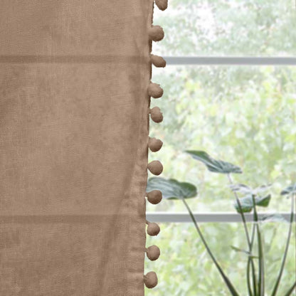 Taupe, Sheer Curtain Set of 2 with Pom-Pom