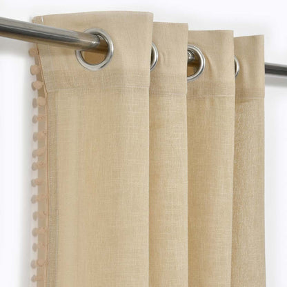 Beige, Sheer Curtain Set of 2 with Pom-Pom