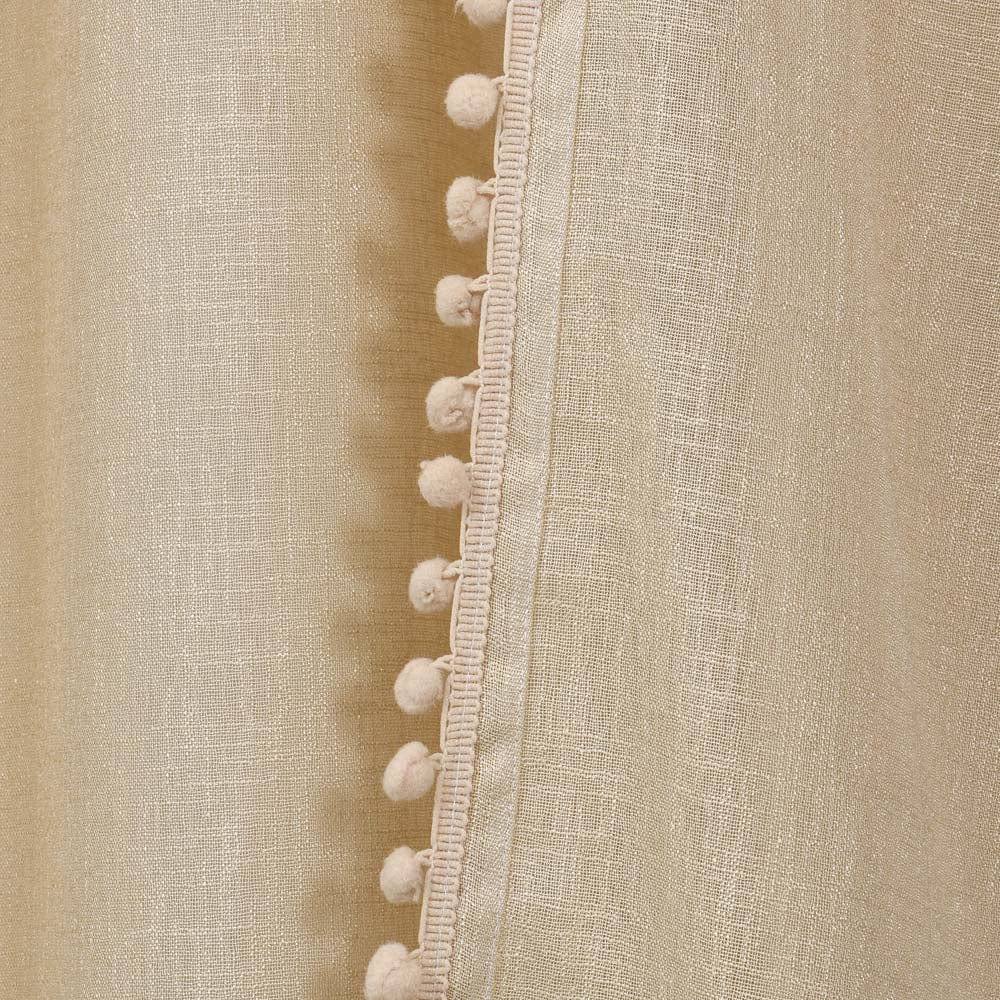 Beige, Sheer Curtain Set of 2 with Pom-Pom