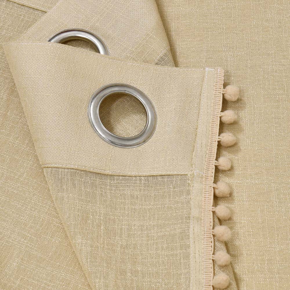 Beige, Sheer Curtain Set of 2 with Pom-Pom