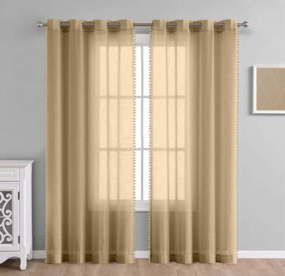 Beige, Sheer Curtain Set of 2 with Pom-Pom