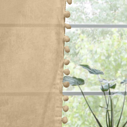 Beige, Sheer Curtain Set of 2 with Pom-Pom