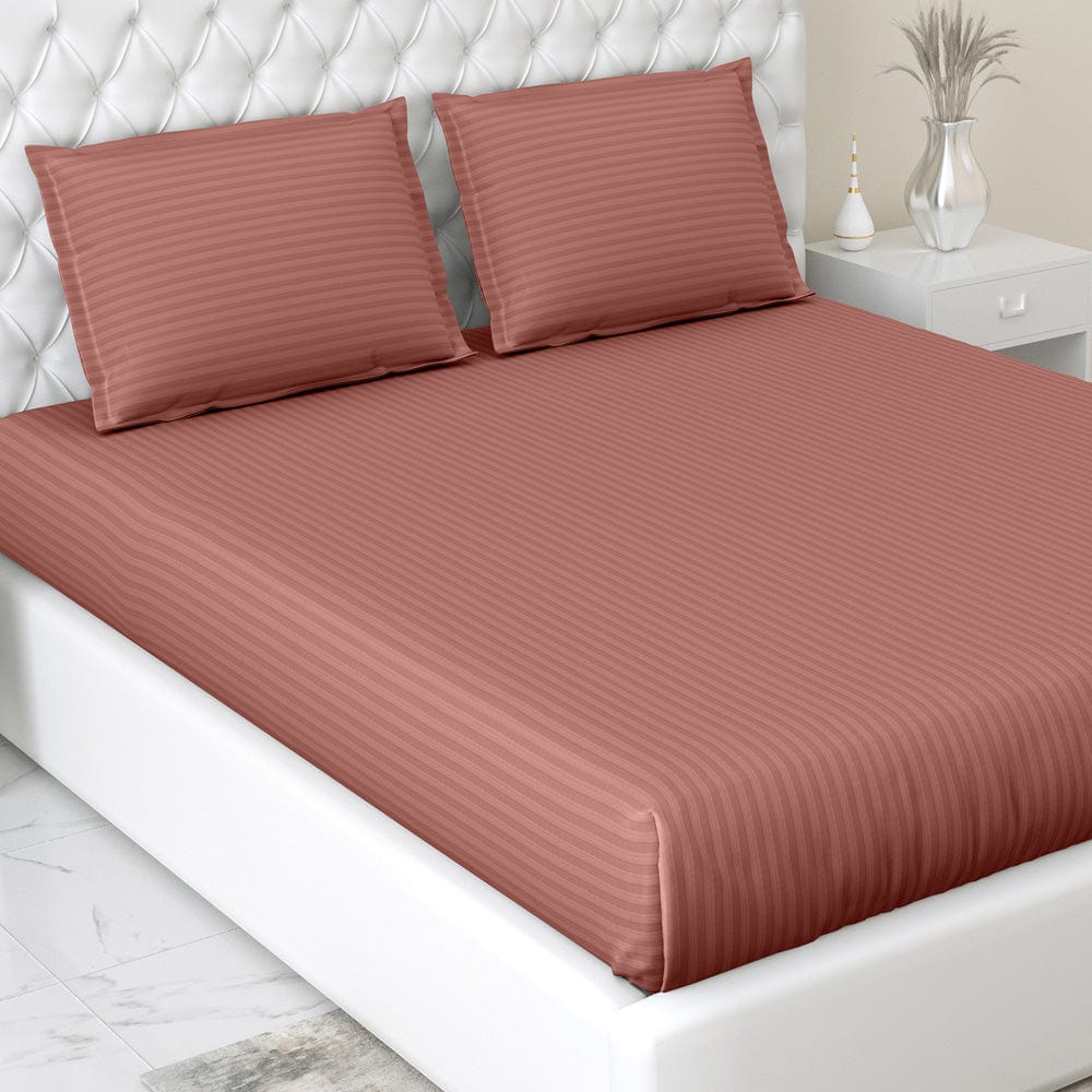 Rust Satin Stripes King Fitted Bedsheet, 210 TC