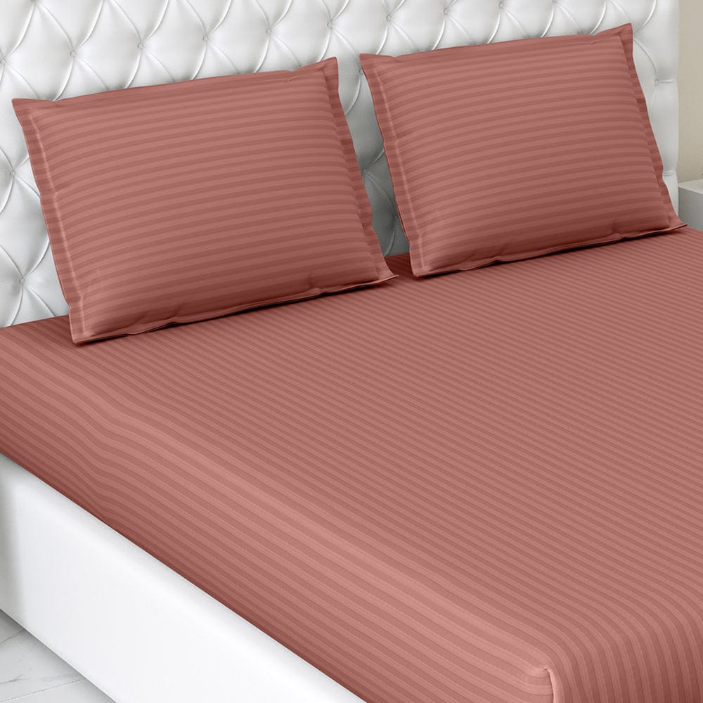 Rust Satin Stripes King Fitted Bedsheet, 210 TC