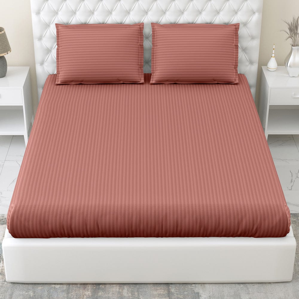 Rust Satin Stripes King Fitted Bedsheet, 210 TC