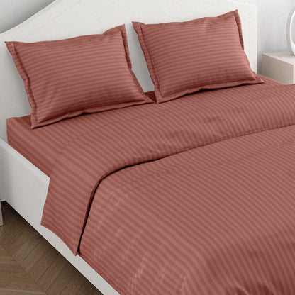 Rust Satin Stripes King Fitted Bedsheet, 210 TC