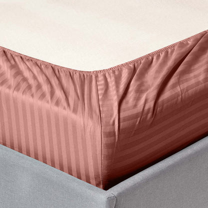 Rust Satin Stripes King Fitted Bedsheet, 210 TC