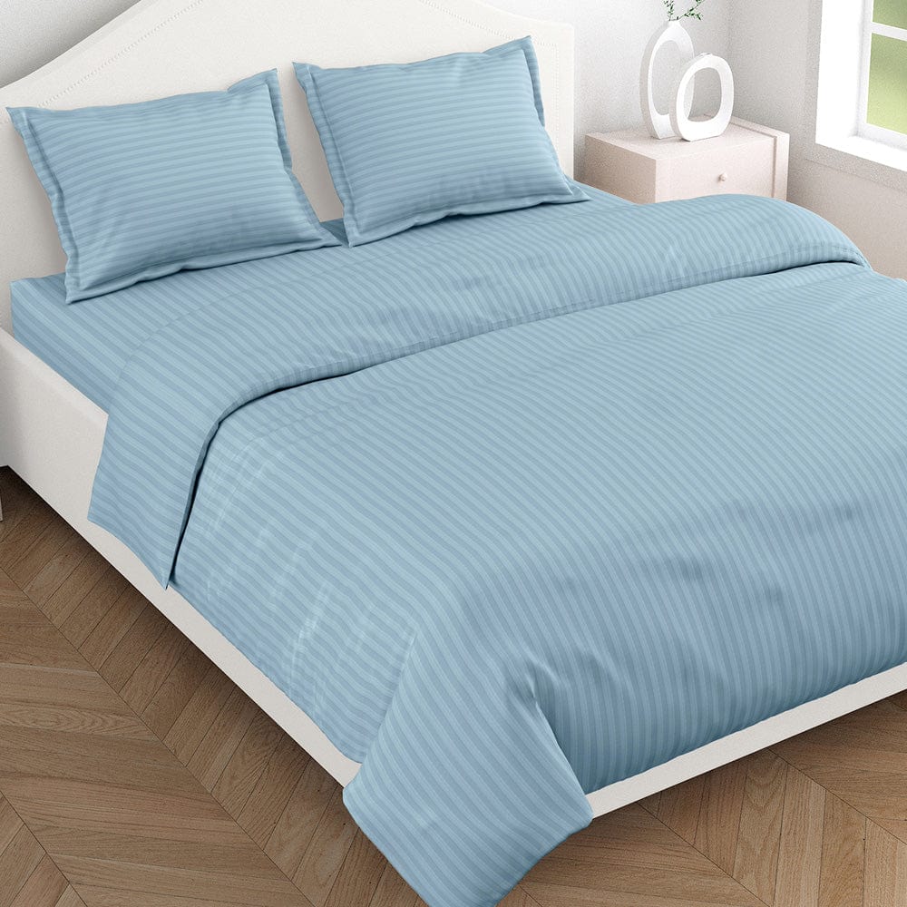 Jean Blue Satin Stripes Double Bedsheet, 210 TC