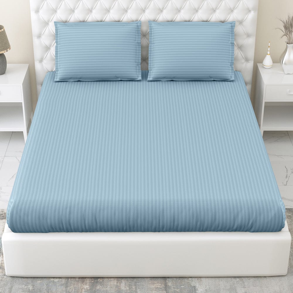 Jean Blue Satin Stripes King Bedsheet, 210 TC