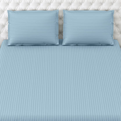 Jean Blue Satin Stripes Double Bedsheet, 210 TC