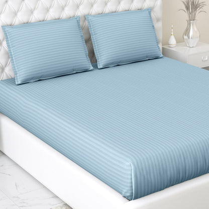 Jean Blue Satin Stripes King Bedsheet, 210 TC