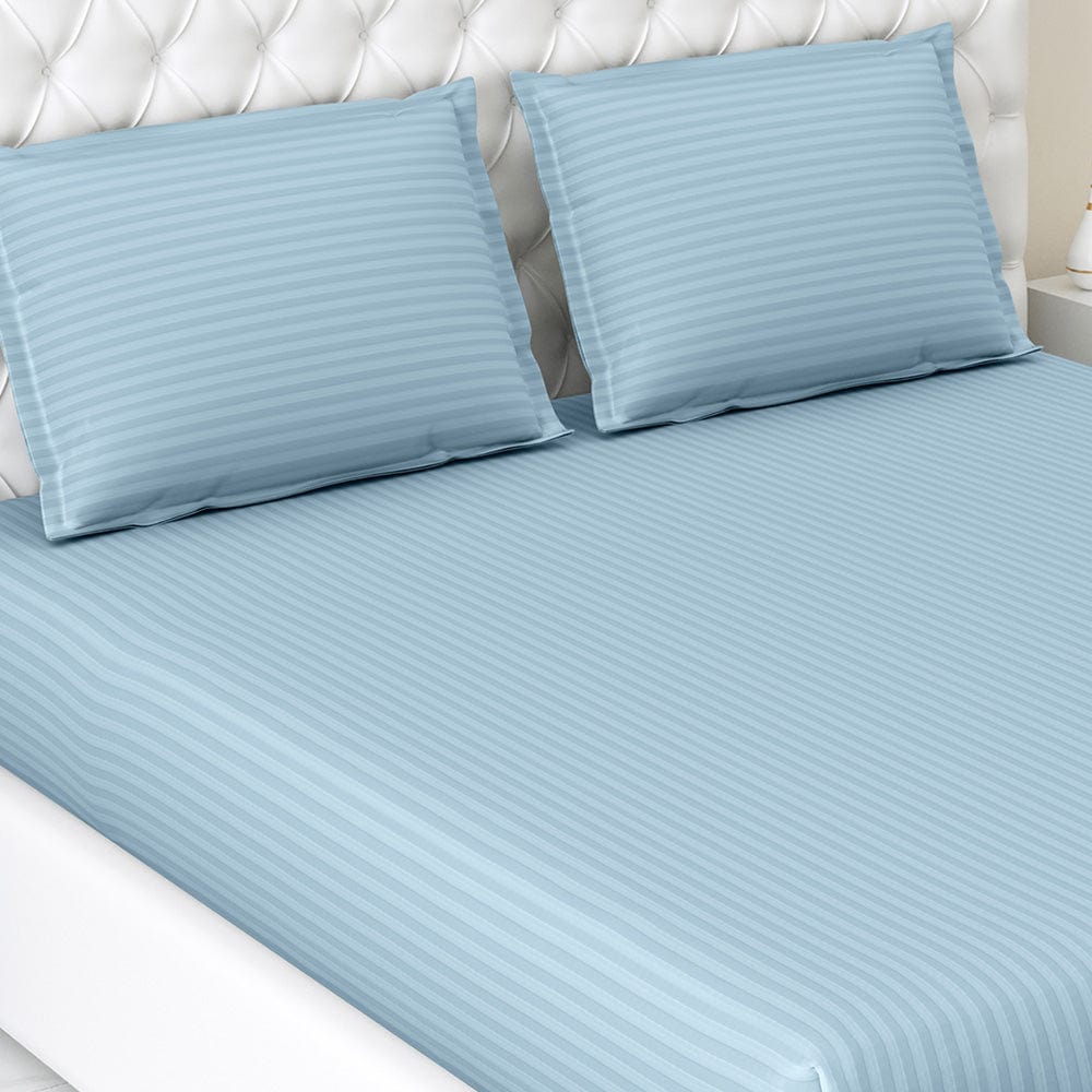 Jean Blue Satin Stripes Double Bedsheet, 210 TC