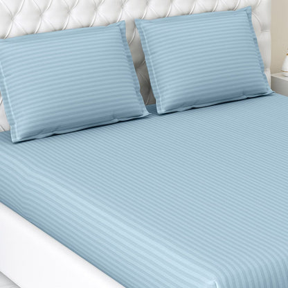 Jean Blue Satin Stripes King Bedsheet, 210 TC