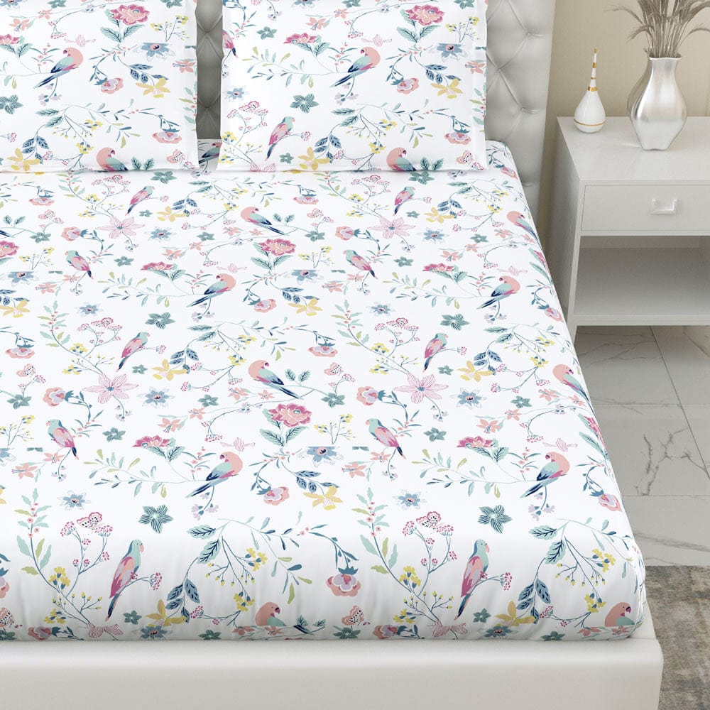 Exotic Wings, 100% Cotton Double Fitted Bedsheet, 186 TC